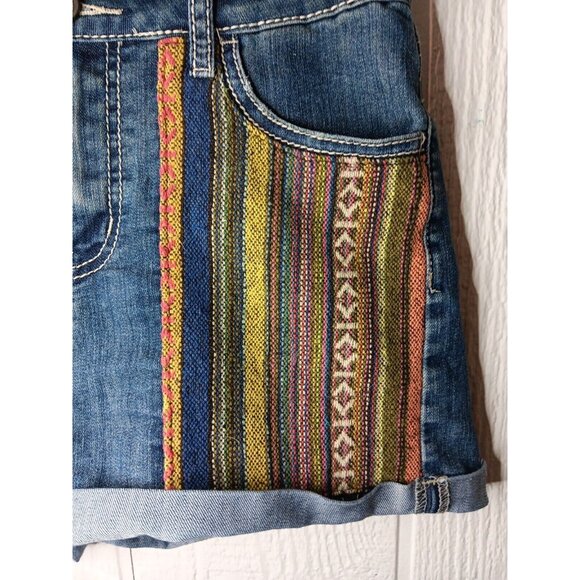 1st Kiss Shorts Womens 7 Juniors Denim Tapestry Panels Medium Wash Blue Stretch - Picture 2 of 7